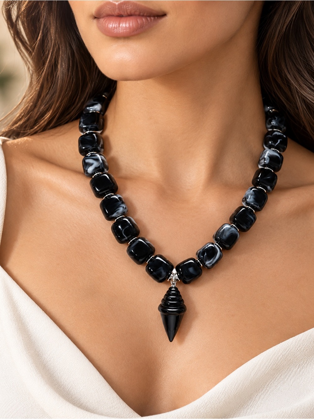 New MAYAMAR Black Swirl spike resin and genuine stone Statement Necklace
